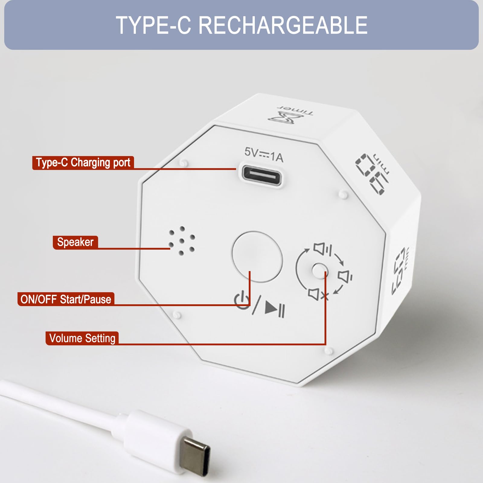 GUDOQI Octagon Pomodoro Timer with Gravity Flip, Visual Progress Bar & Adjustable Sound Alerts – White
