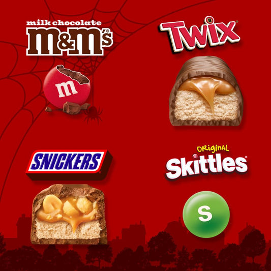 M&M’S, SNICKERS, SKITTLES & TWIX Halloween Variety Bag – 60 Count Fun Size Chocolate & Fruity Candy Mix (24 oz Bulk Bag)