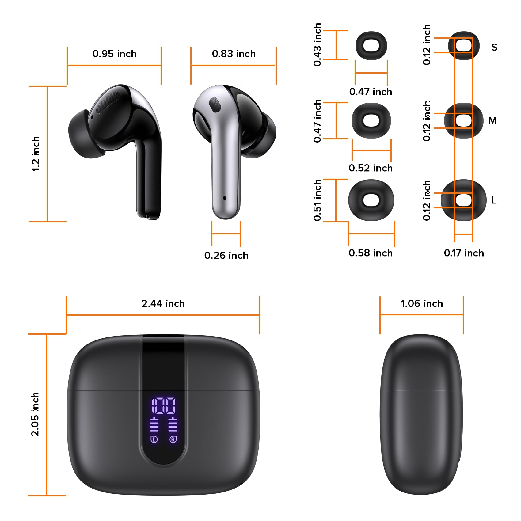 TAGRY X08 Wireless Bluetooth Earbuds with LED Power Display, Wireless Charging Case & 60H Playback – Waterproof Stereo Headphones Black