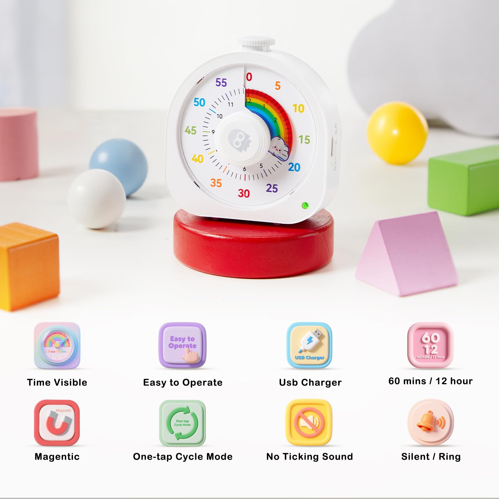 Rainbow Visual Timer with Magnetic Stand, Silent Rechargeable Countdown & Pomodoro Mode (60 Min / 12H) for Kids, Classroom & Focus Training – White