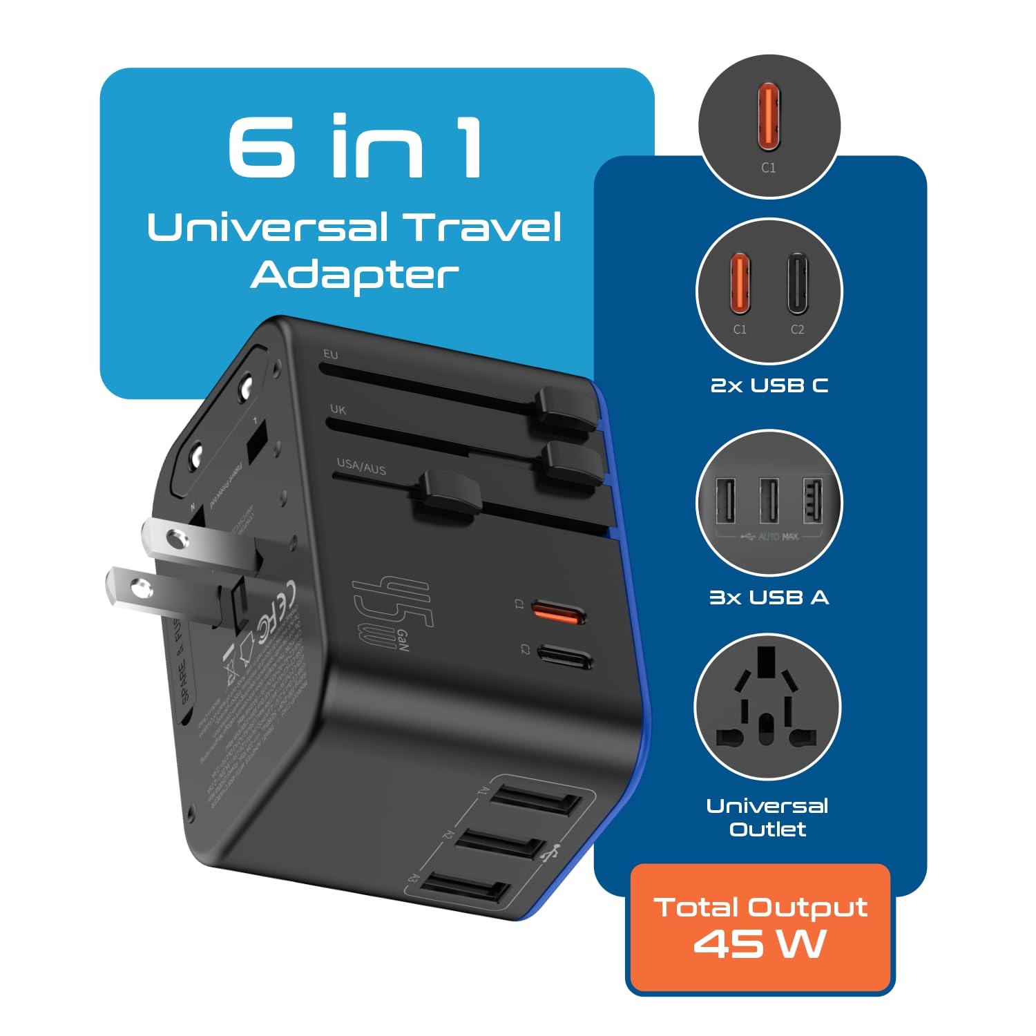 Universal Travel Power Adapter with USB-C & USB-A – Worldwide Plug Adapter for US, EU, UK, AU with 45W Fast Charging