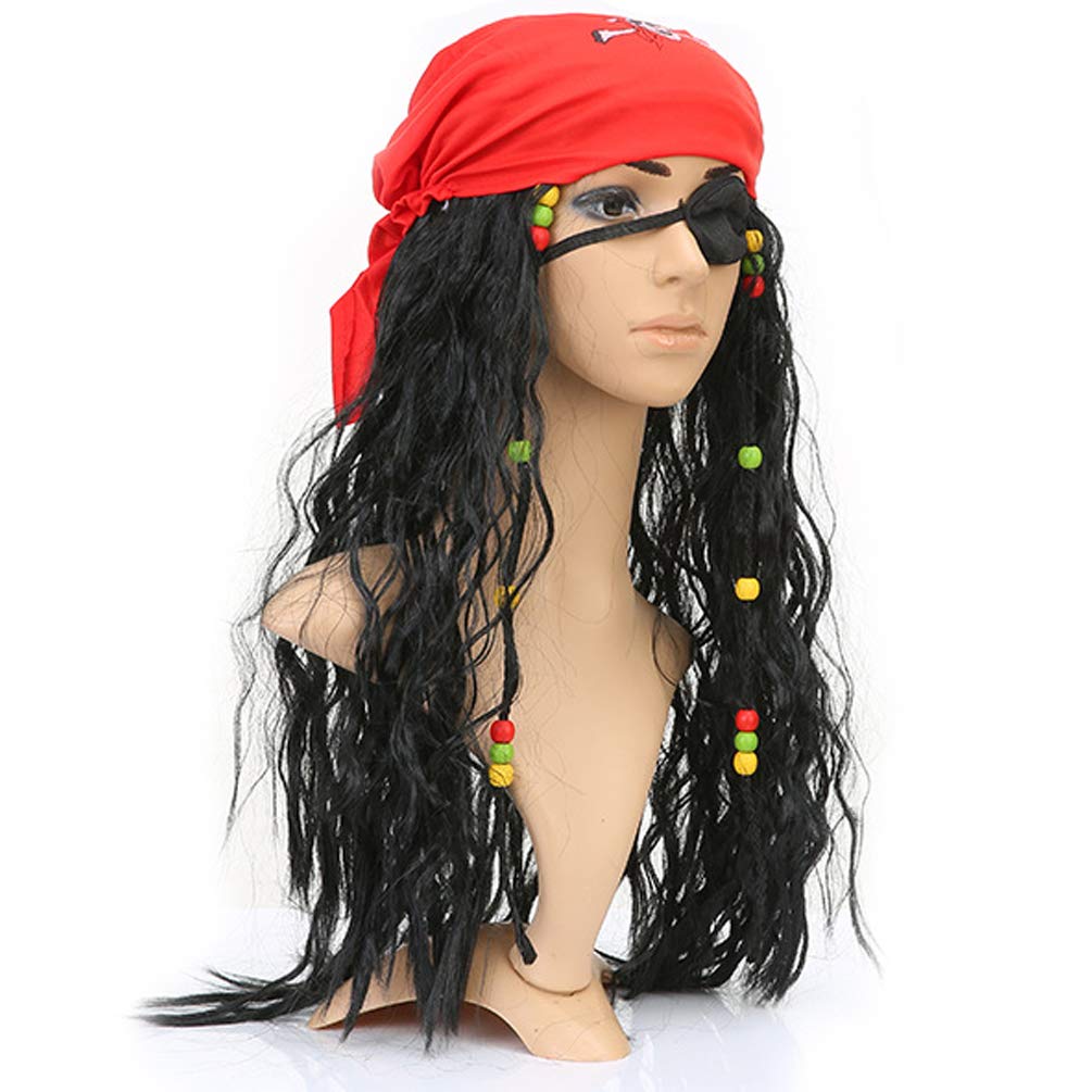 Black Pirate Wig with Red Bandana & Skull Eye Patch – Adult & Kids Halloween Pirate Costume Accessory Set