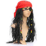 Black Pirate Wig with Red Bandana & Skull Eye Patch – Adult & Kids Halloween Pirate Costume Accessory Set