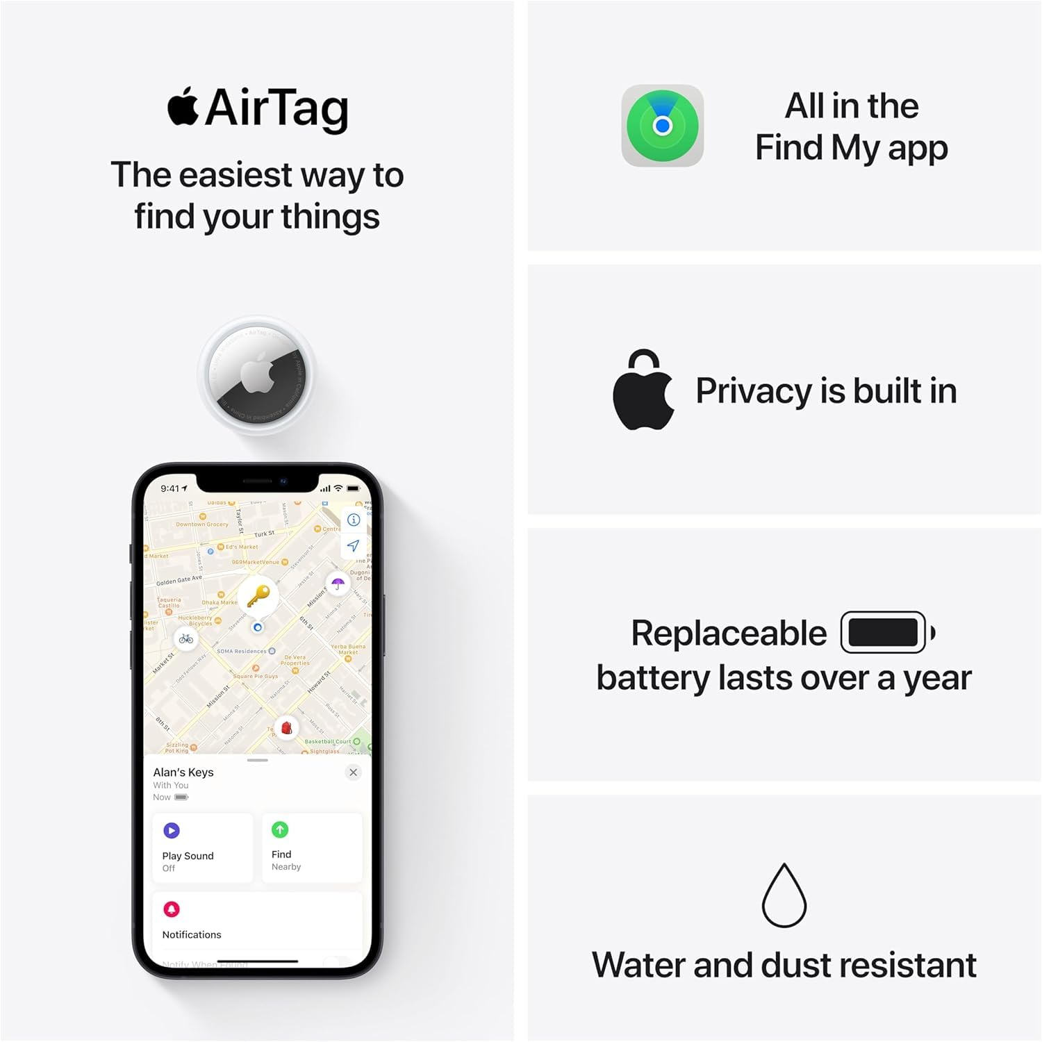 Apple AirTag Bluetooth Tracker, Precision Finding Smart Item Locator with Find My Network and Replaceable Battery