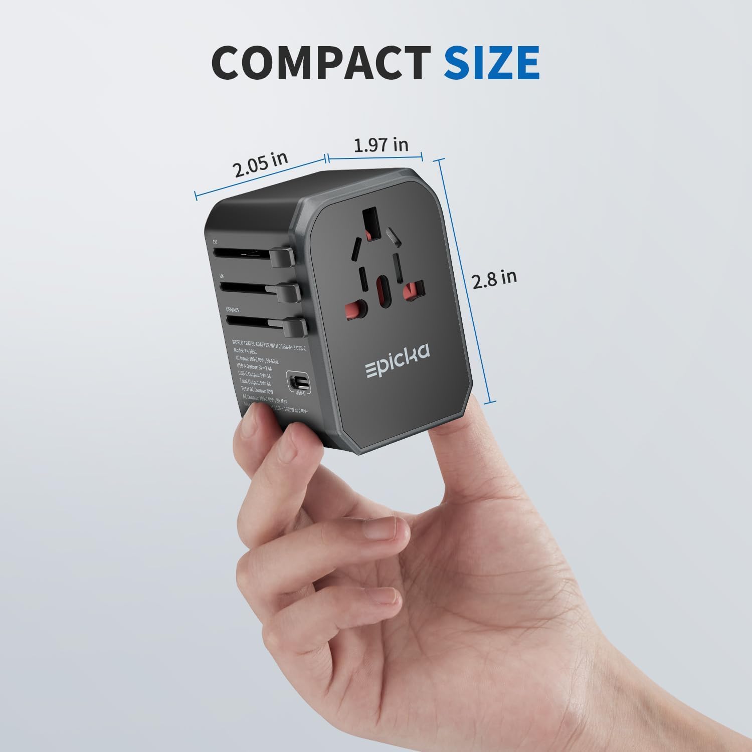EPICKA Universal Travel Adapter – Worldwide Plug Adapter with 3 USB-C & 2 USB-A Ports (Black)