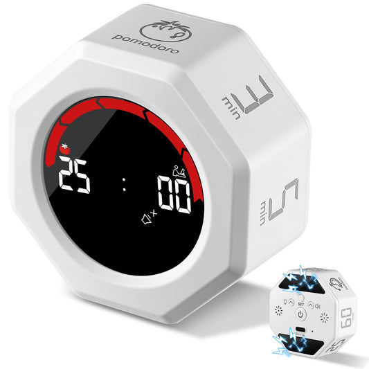 Rechargeable Pomodoro Timer with Magnetic Back, Flip Control & Auto-Rotating Screen, Preset 3/5/10/25/30/60 Min, Custom Countdown & Clock for Study, Office & Kitchen – White