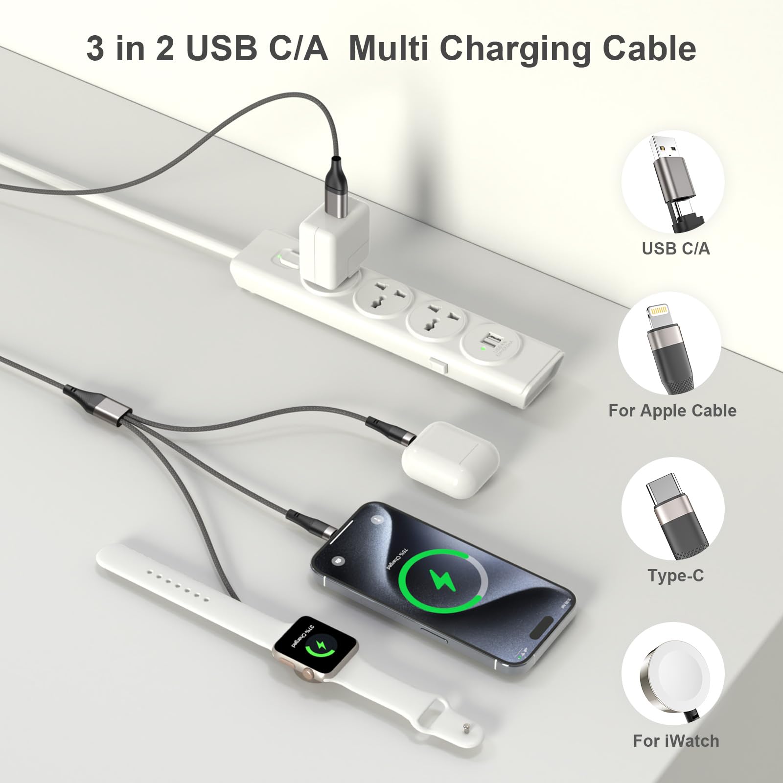 2-Pack 3-in-2 Multi Fast Charging Cables – Magnetic Apple Watch Charger with USB-A & USB-C Inputs (2ft & 6ft, Dark Grey)