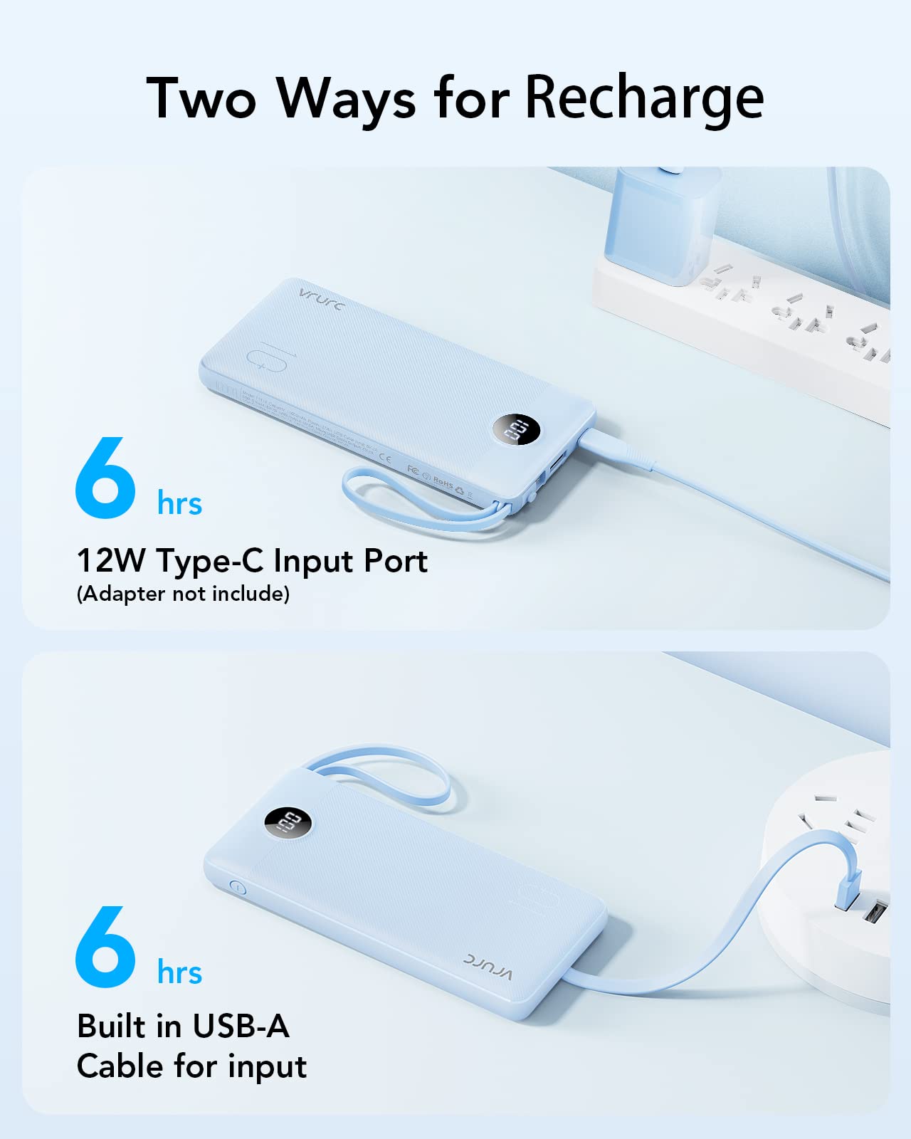 10000mAh Portable Power Bank with Built-in Charging Cables & LED Battery Indicator – Multi Device Travel Charger Blue