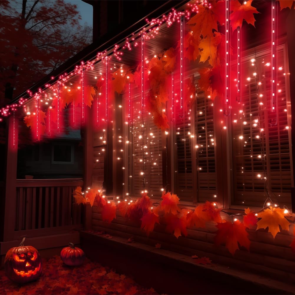 Red LED Meteor Shower Lights – 192 LEDs, 8 Tubes, Waterproof Cascading Icicle Lights for Halloween & Christmas