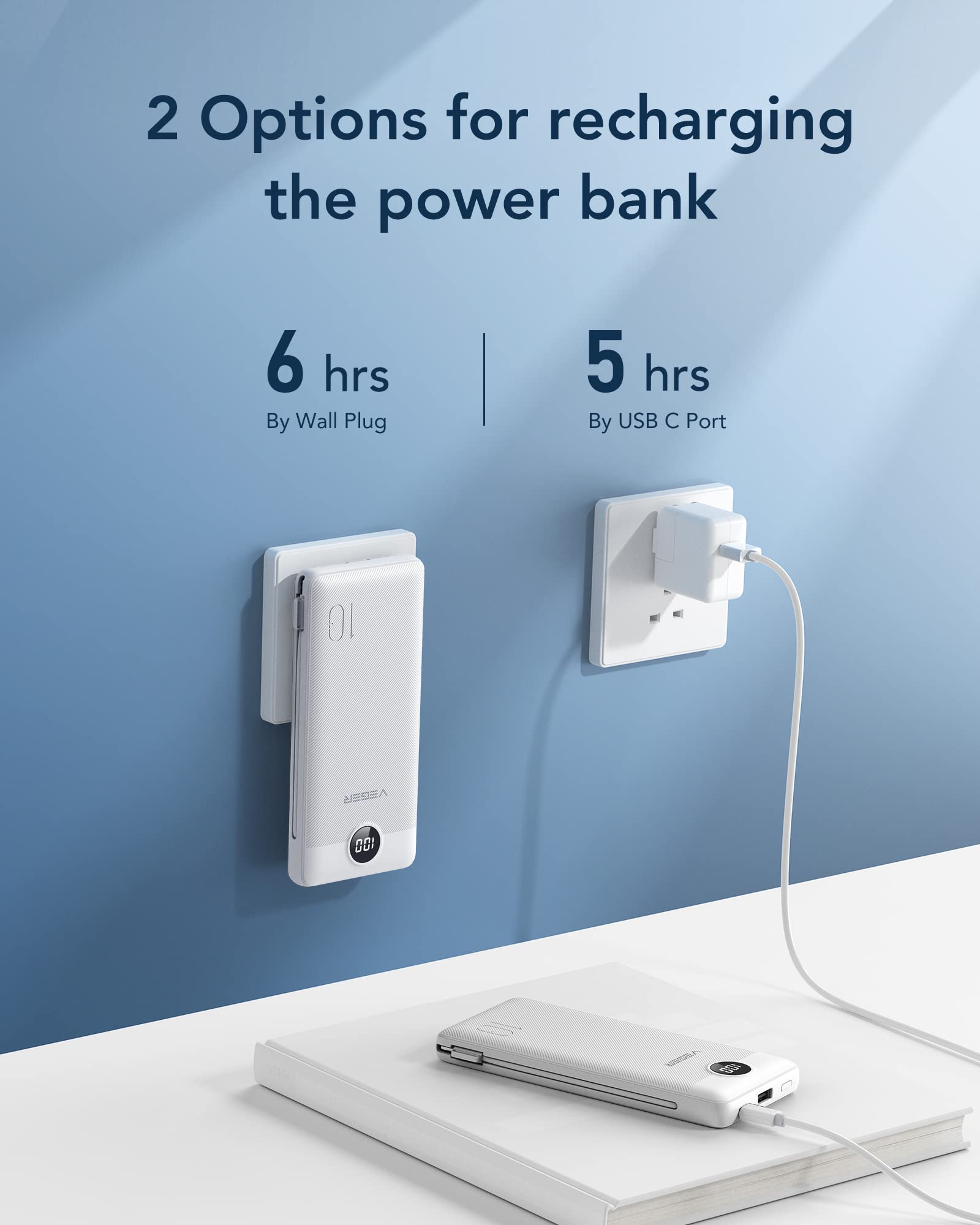 VEGER 10000mAh Ultra Slim Power Bank with Built-in AC Plug & Multi Charging Cables – Universal Portable Travel Charger B White
