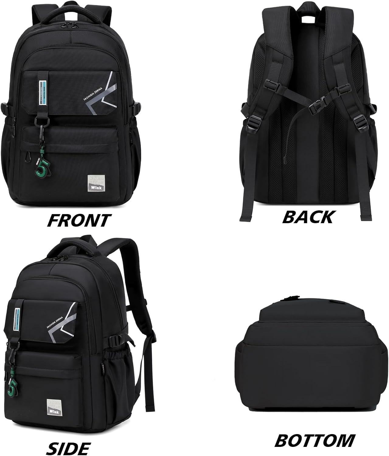 Black Water-Resistant School Backpack with Laptop Sleeve