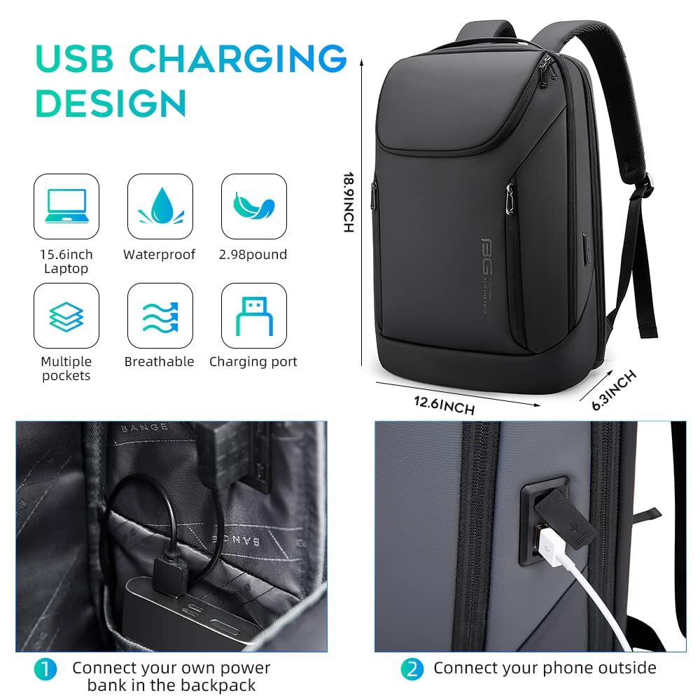 BANGE Smart Business Laptop Backpack – Waterproof Travel Backpack with 180° Opening & USB Charging Port, Fits 15.6” Laptops (Black)
