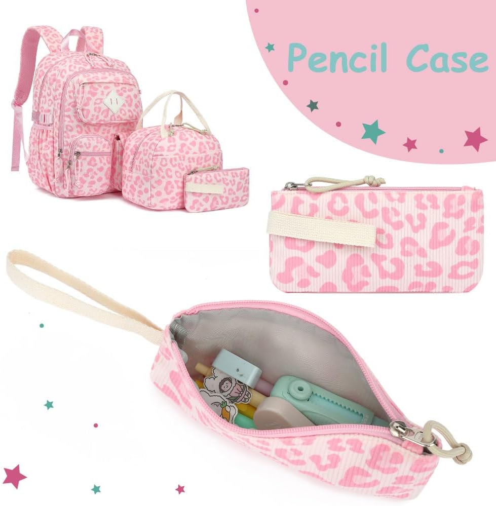 Pink Leopard Corduroy 3-Piece School Backpack Set