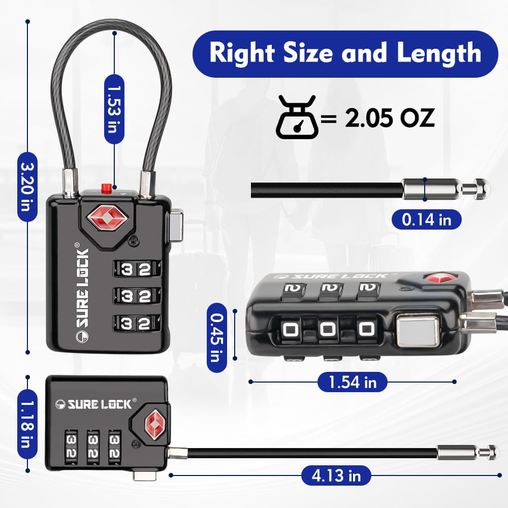TSA Approved Cable Luggage Locks 2 Pack with Open Alert Indicator, 3 Digit Combination Travel Locks for Suitcases & Backpacks