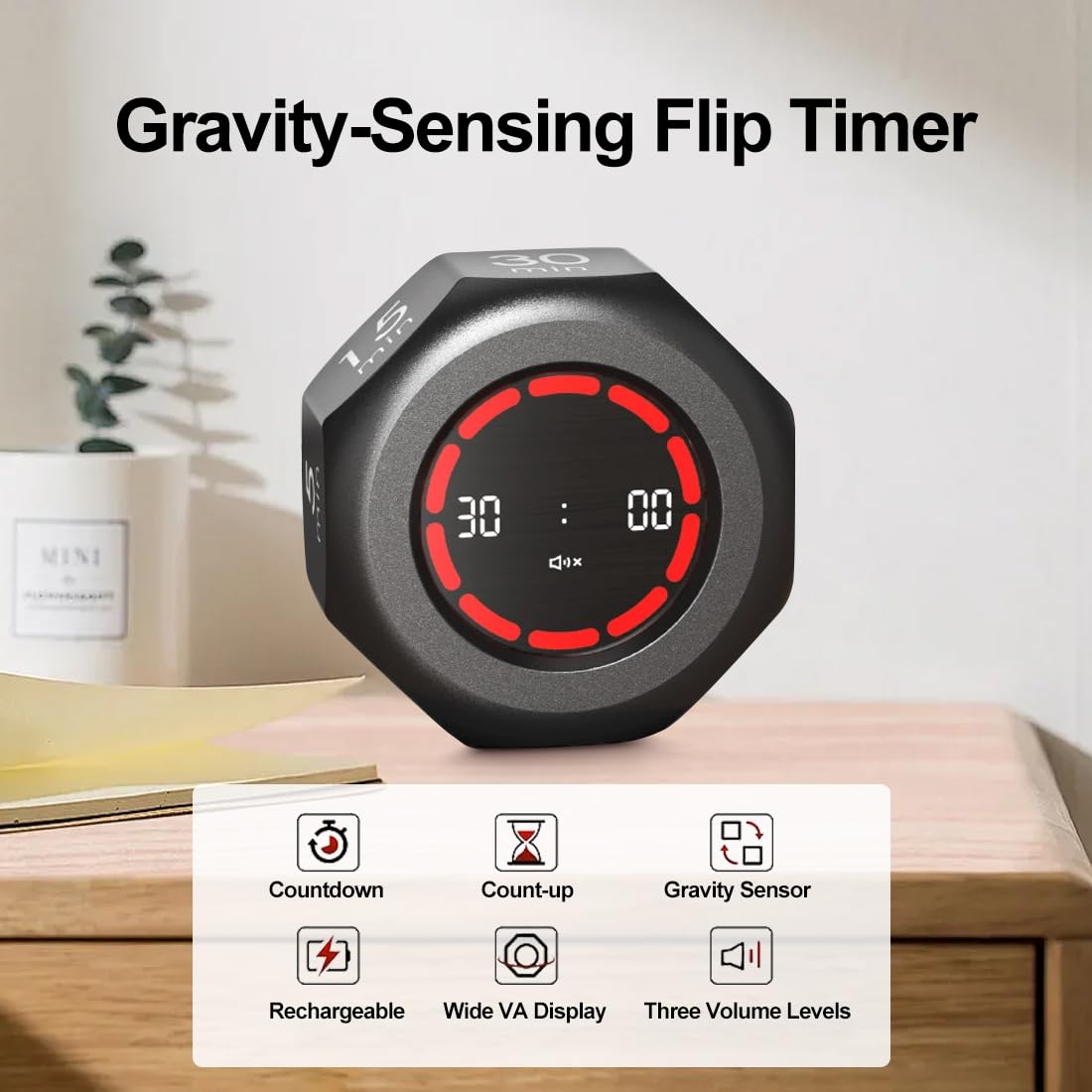 Rotating Visual Pomodoro Timer Cube with Gravity Sensor, 1–90 Min Presets, Flip Countdown & Stopwatch, Rechargeable Focus Timer for Work, Study & Kitchen – Black