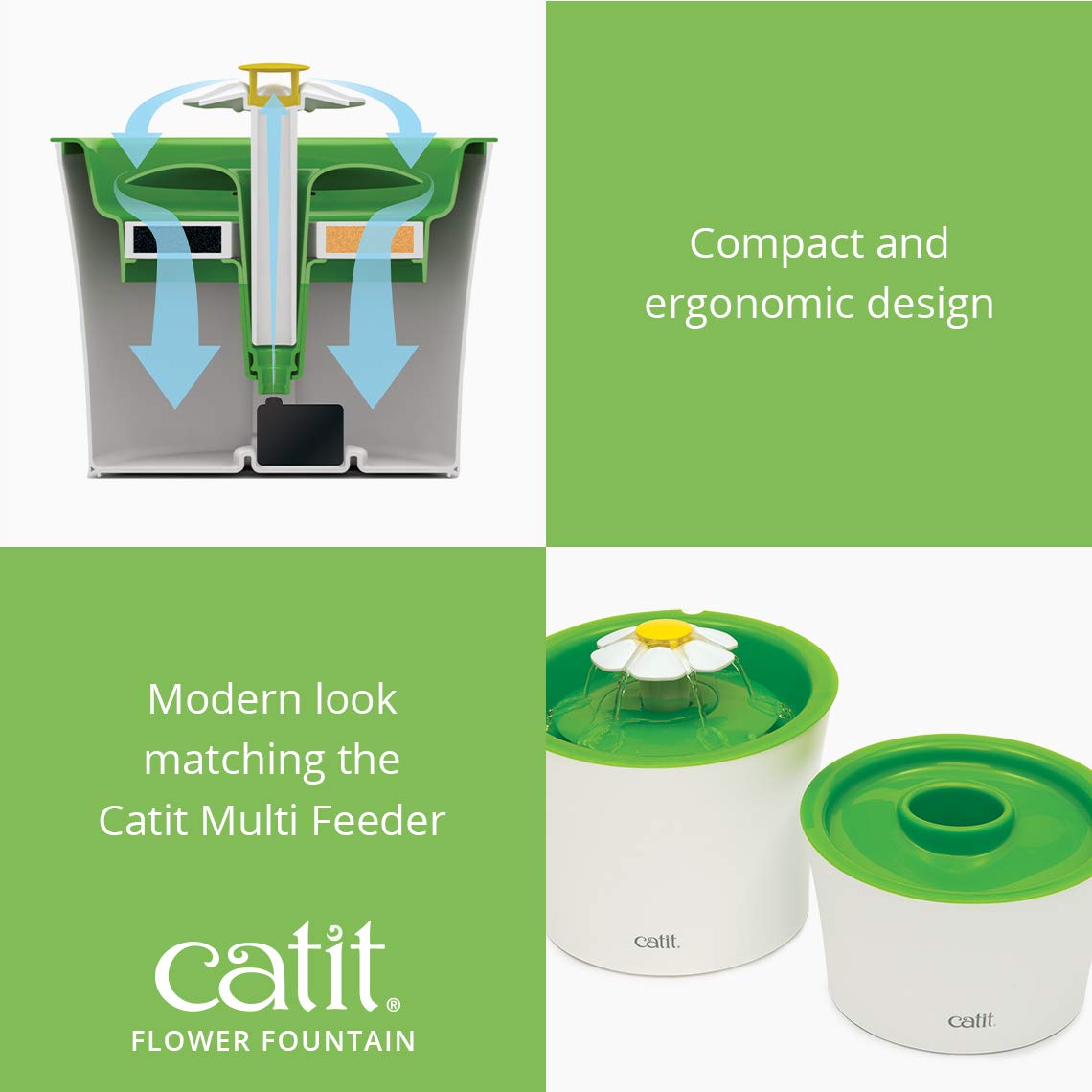 Catit Flower Cat Water Fountain 3L with Triple Action Filter, Ultra Quiet Pump & Multi-Flow Hydration System – BPA-Free Green Pet Fountain