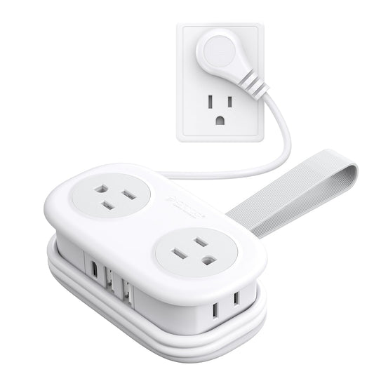 ORICO Compact Travel Power Strip – 4 Outlets, 2 USB-A & 1 USB-C with 45° Flat Plug and Wrap-Around Cord (White)