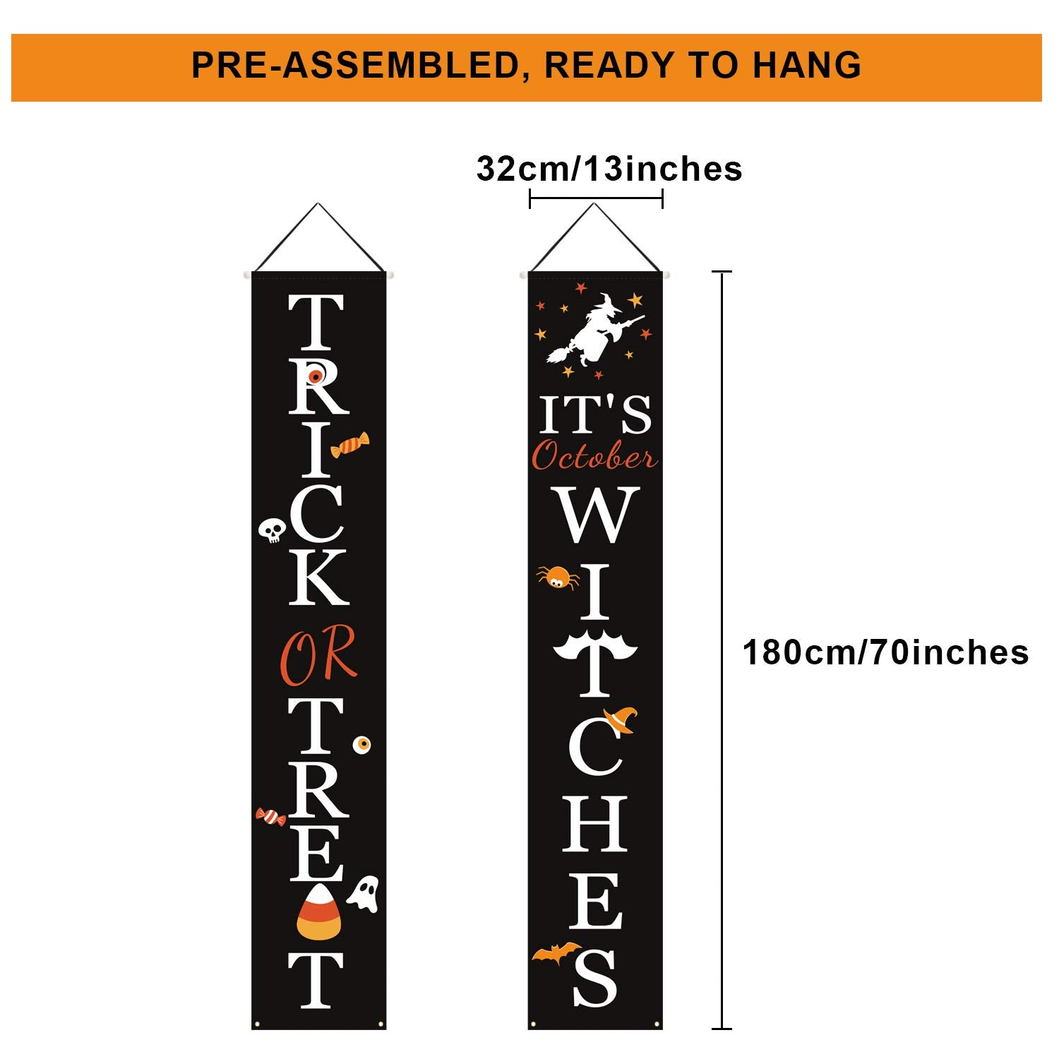 Halloween Porch Banners – Trick or Treat & It’s October Witches Hanging Signs for Front Door & Outdoor Decor