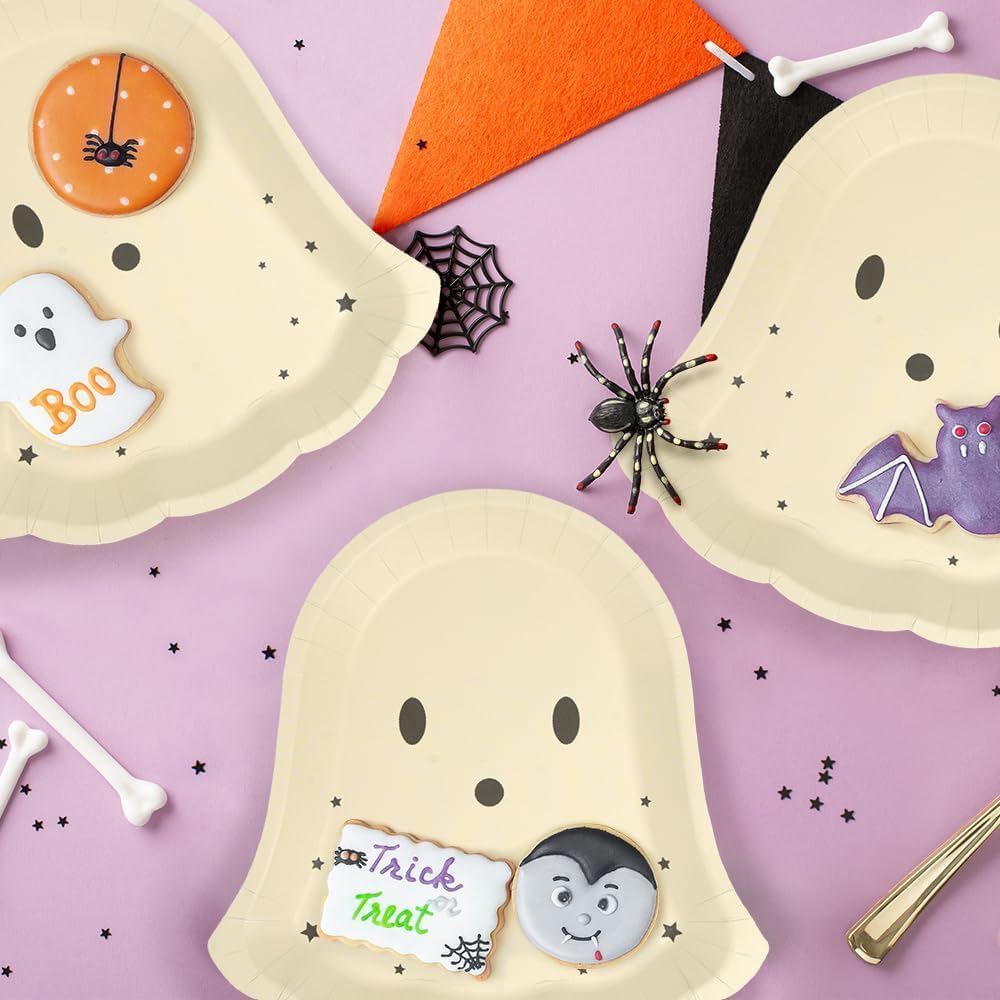 Beige Ghost Halloween Paper Plates – 24 Pcs 8.5" Cute Neutral Disposable Plates for Parties, Baby Showers & Summerween