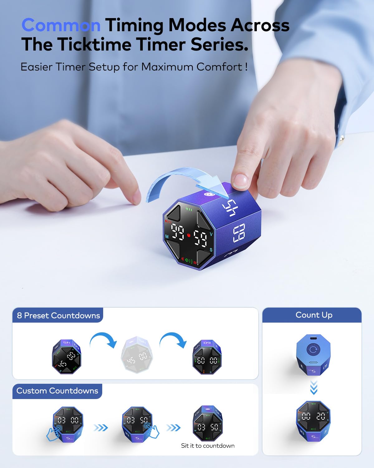 Ticktime Pomodoro Timer Cube with Custom Pomodoro, Flip Pause & Resume, Magnetic Rechargeable Desk Timer with Silent, Vibration & Adjustable Sound Alerts – Blue
