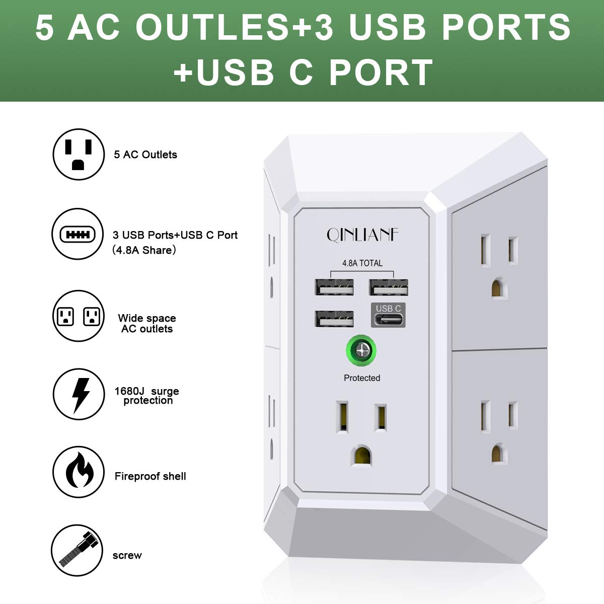 Wall Outlet Extender with 5 AC Outlets & 4 USB Ports – Surge Protector Power Strip with USB-C Fast Charging for Home & Office