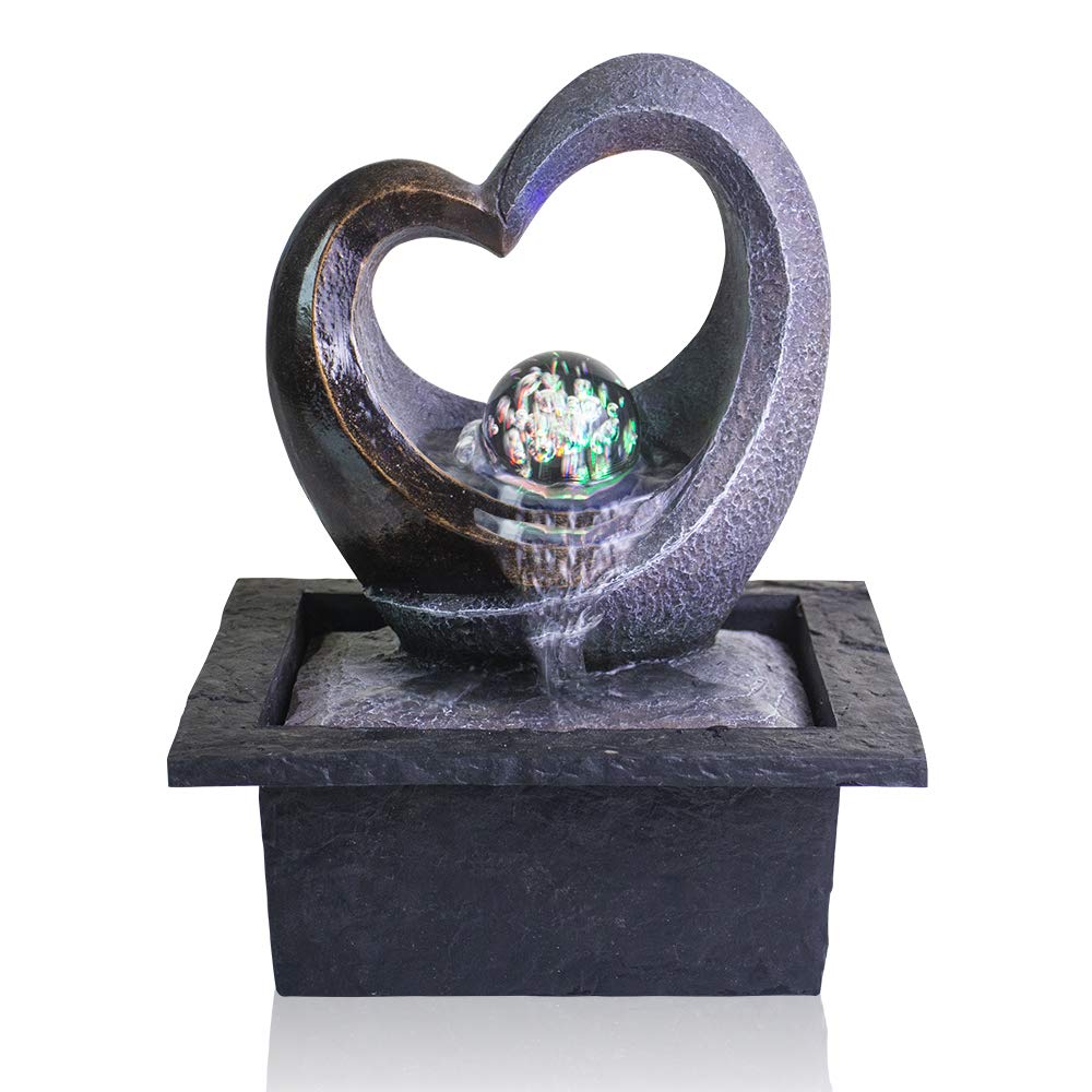 Modern RGB LED Tabletop Waterfall Fountain with Crystal Spin Ball – Polyresin Indoor Zen Decor (Black)