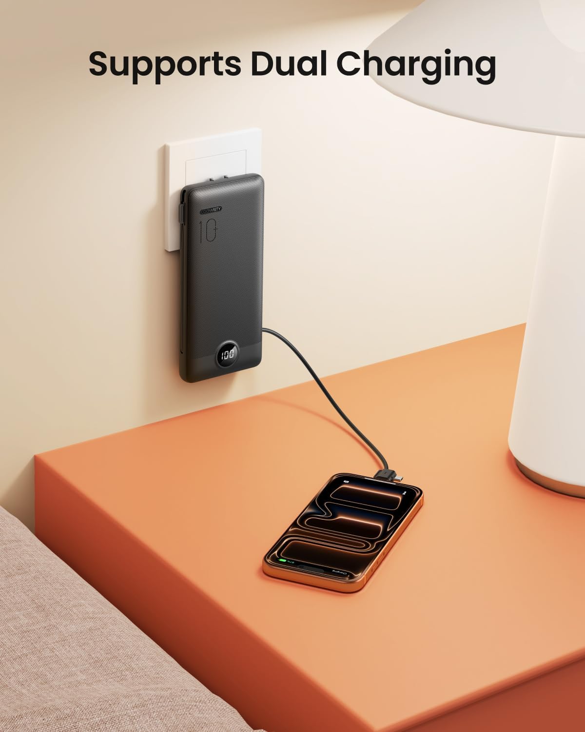 10000mAh Portable Power Bank with Foldable Wall Plug & Built-in Charging Cables