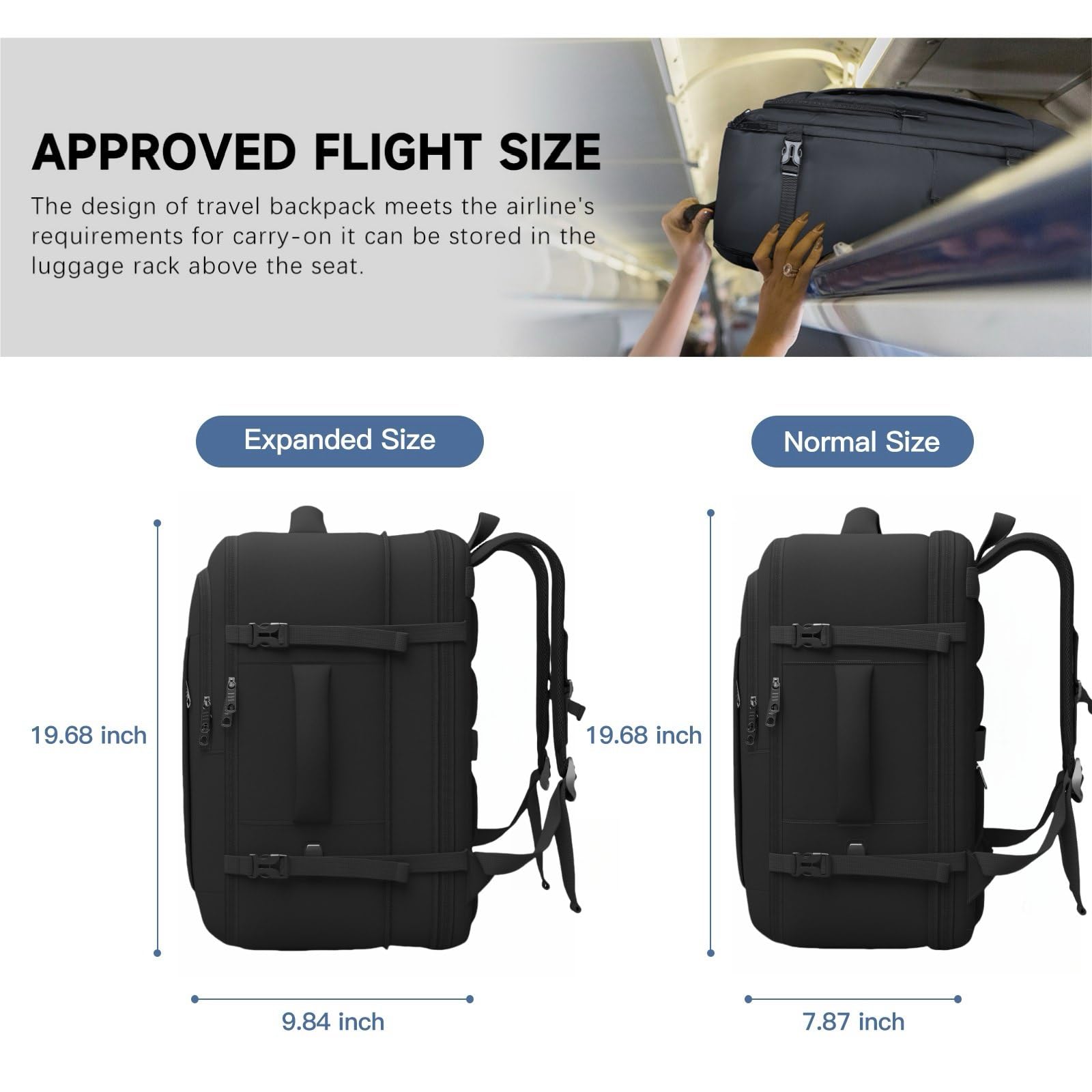 GIEURY 50L Expandable Carry On Travel Backpack with TSA 180° Opening and Shoe Compartment – Black