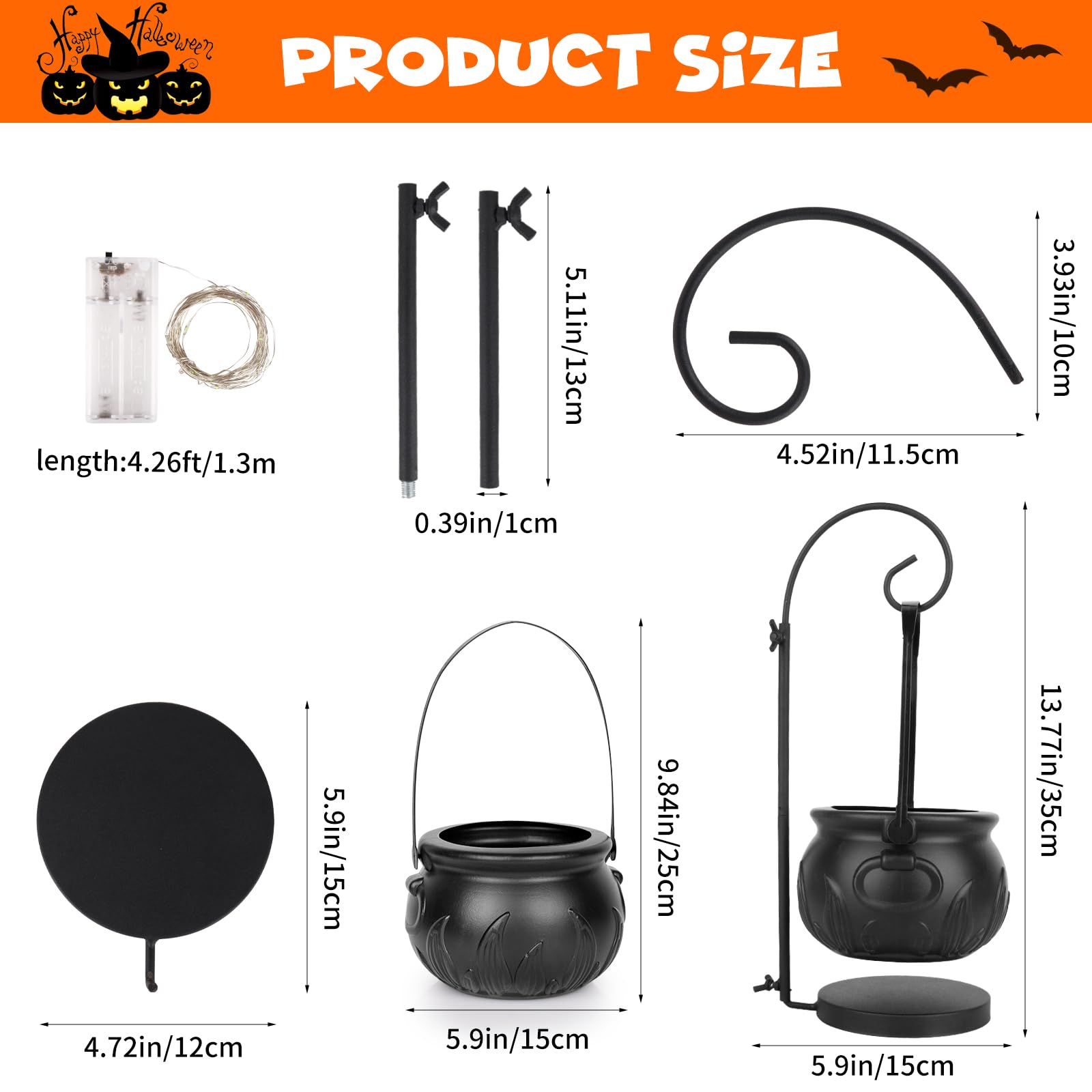 Witch Cauldron Candy Bowl with Light & Stand – 8” Black Halloween Pot Decoration