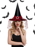 Red Lace Witch Hat with Rhinestone Buckle – Elegant Halloween Costume Accessory