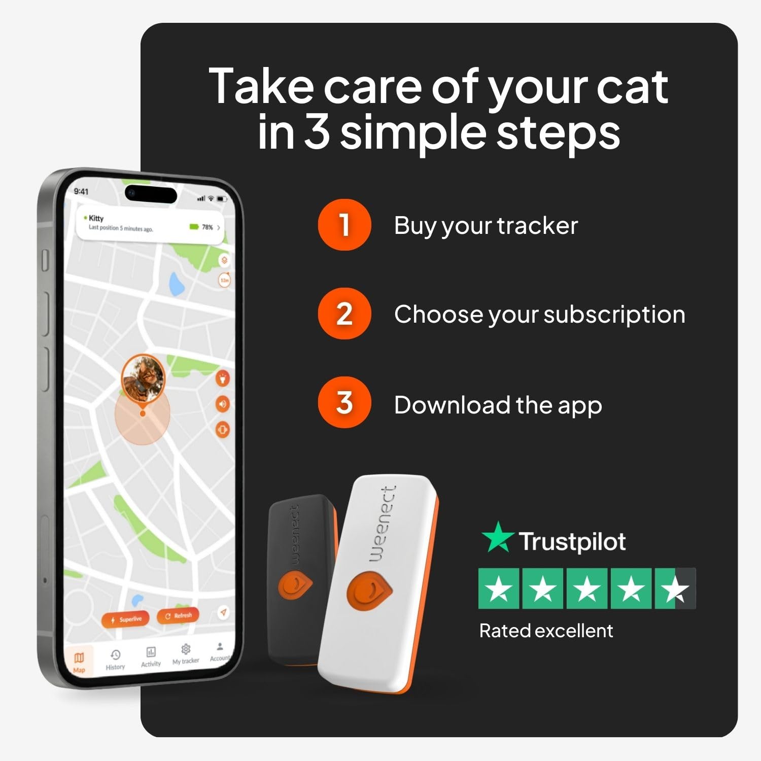 Weenect XS Mini GPS Tracker for Cats with Real-Time Tracking & Global Coverage – Lightweight Waterproof Pet Location Tracker (Black)