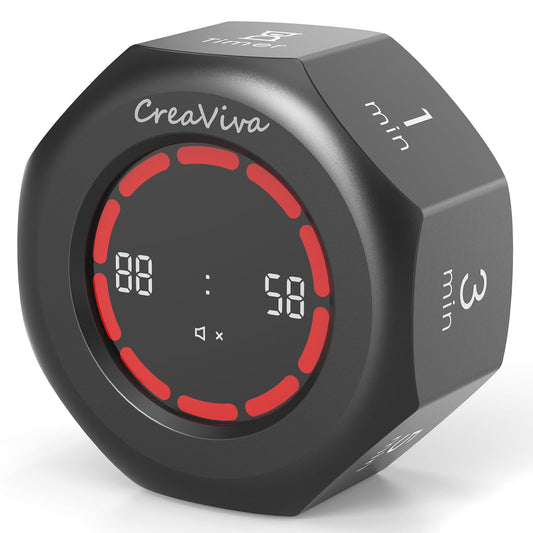 CREAVIVA Space Grey Flip Cube Pomodoro Timer with Visual Progress Bar, Silent Modes & USB-C Rechargeable Power