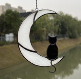 Black Cat on White Moon Stained Glass Suncatcher – Handmade Window Ornament for Halloween & Home Décor