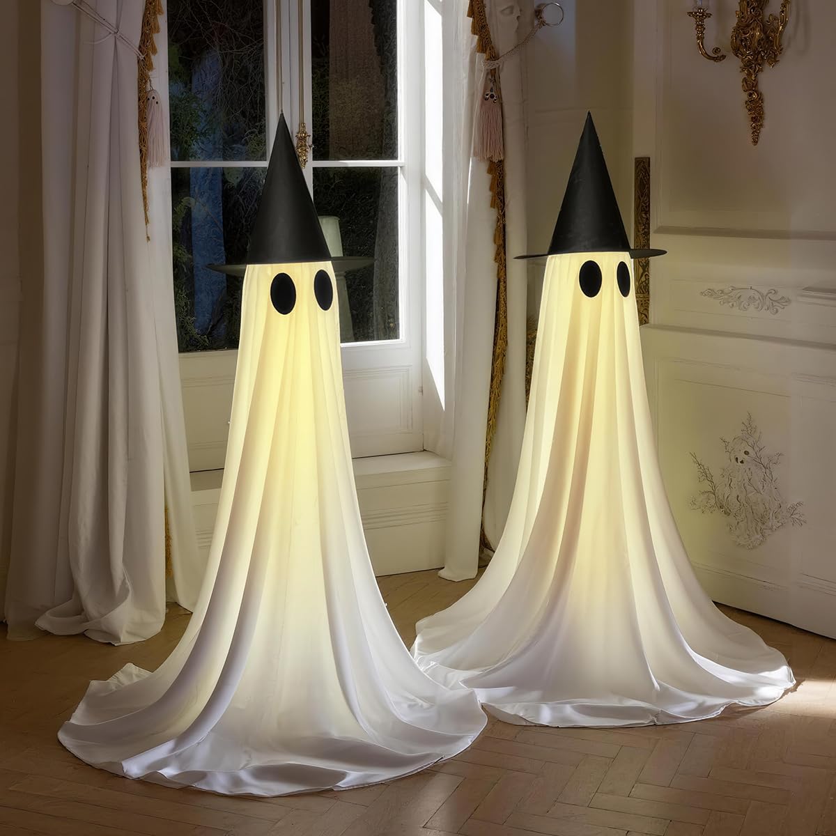 5FT Light-Up Halloween Ghost Decoration – Dual Power (USB/Battery) with 8 Lighting Modes, Remote & Water-Weighted Base (White)