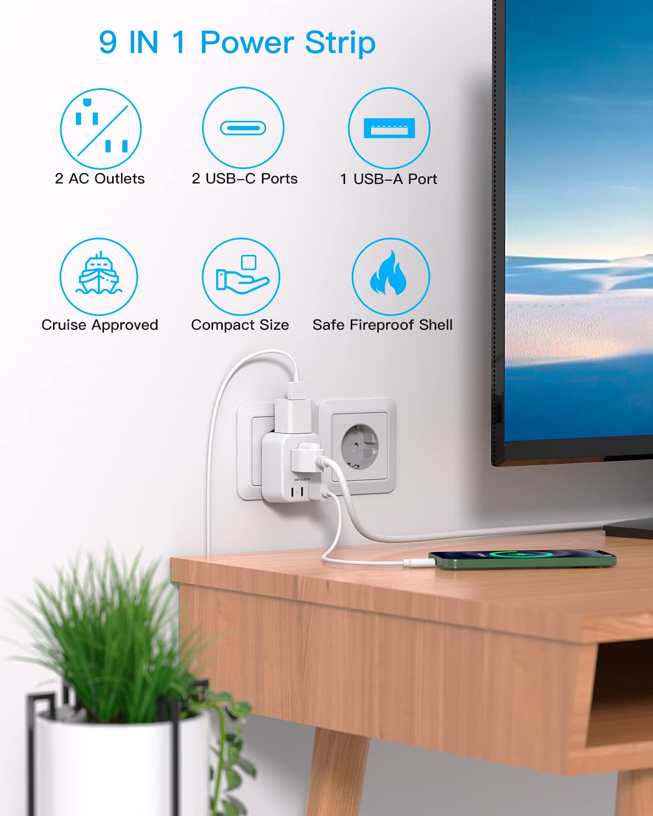 European Travel Plug Adapter with USB-C – 5 in 1 US to EU Power Adapter with Dual USB C Ports