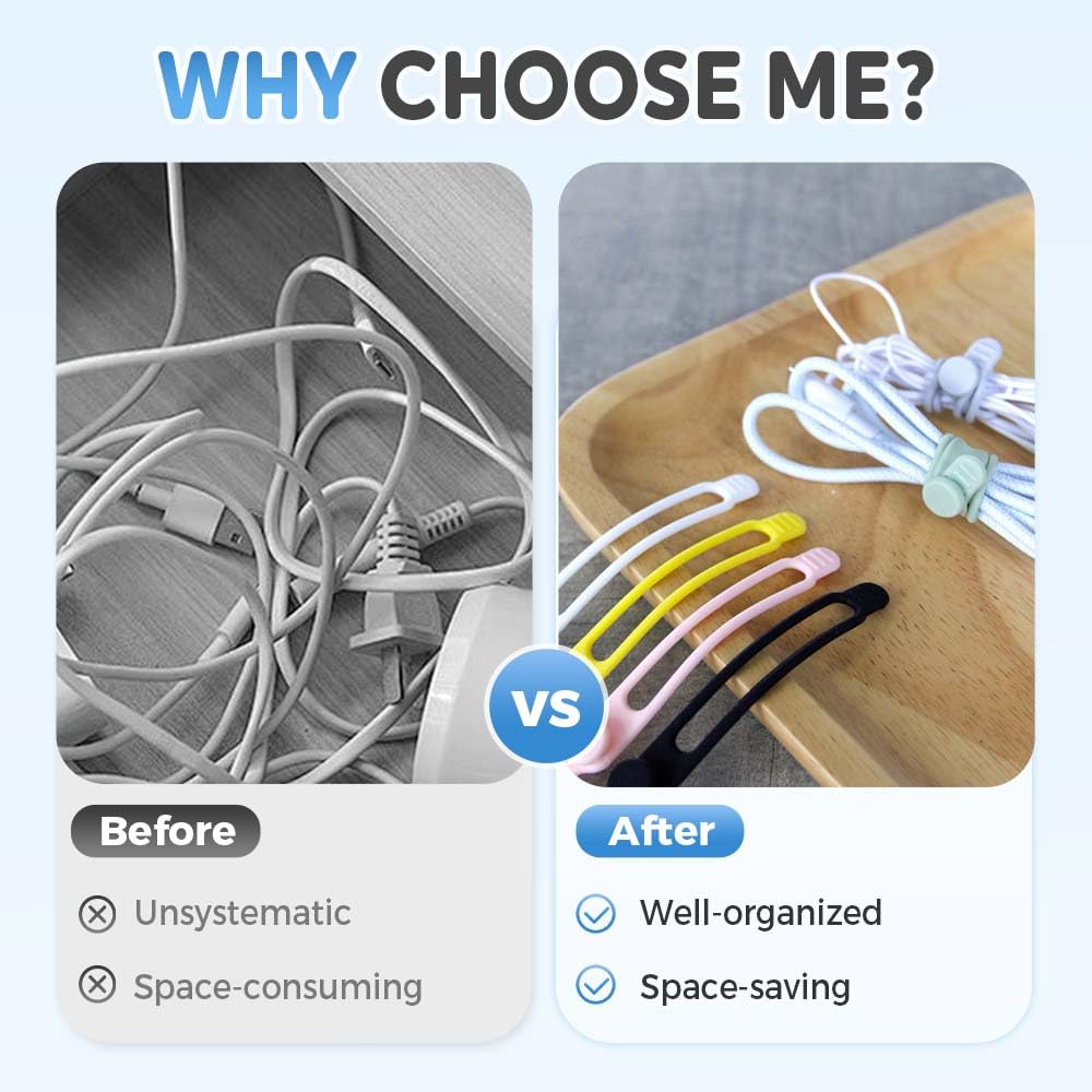 Reusable Silicone Cable Organizer Ties – Colorful 5-Pack Cord Management for Home, Office & Travel