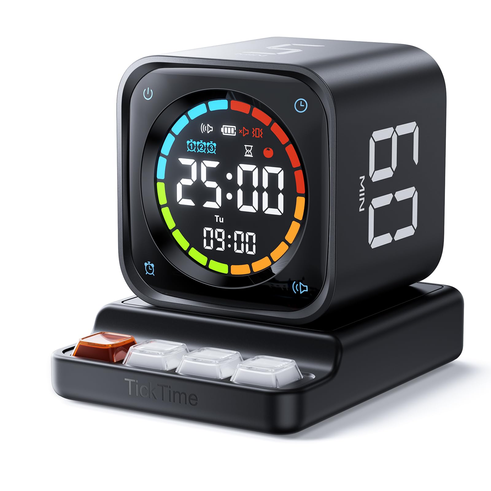 TK3 Pomodoro Timer Cube with Auto 25/5 Cycles, Flip Countdown, Stopwatch & Desk Clock, Rechargeable Focus Timer with Silent, Vibration & Sound Alerts – Black