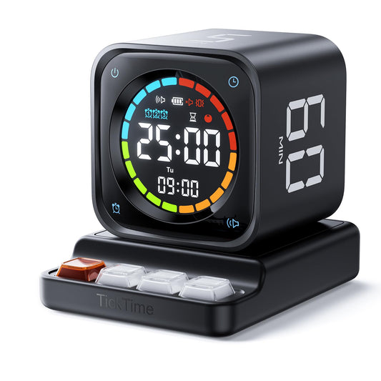 TK3 Pomodoro Timer Cube with Auto 25/5 Cycles, Flip Countdown, Stopwatch & Desk Clock, Rechargeable Focus Timer with Silent, Vibration & Sound Alerts – Black