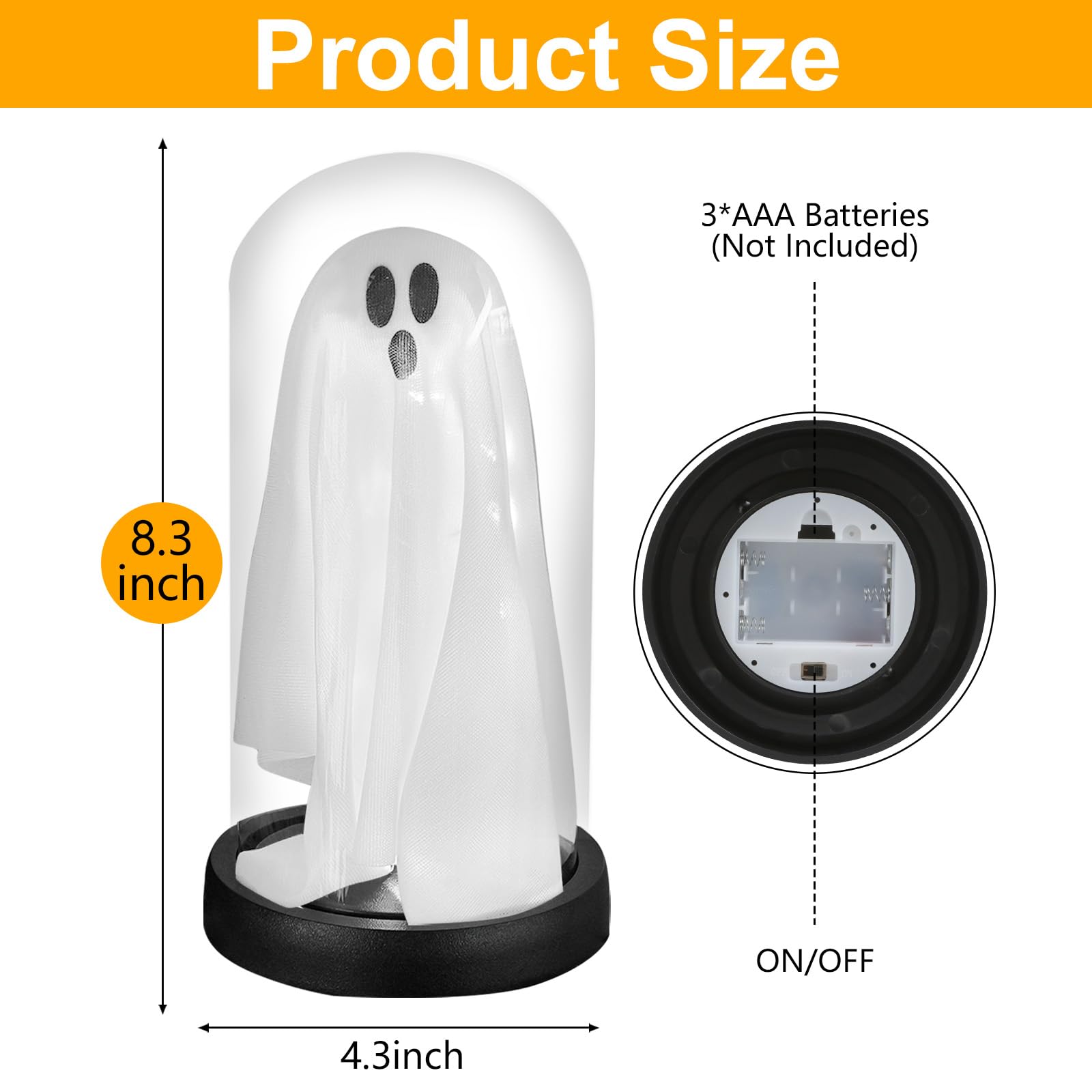 Halloween Light-Up Ghost in Glass Cloche – Handmade LED Decoration for Table, Mantel & Home Décor (White, 8.3x4.3 Inches)
