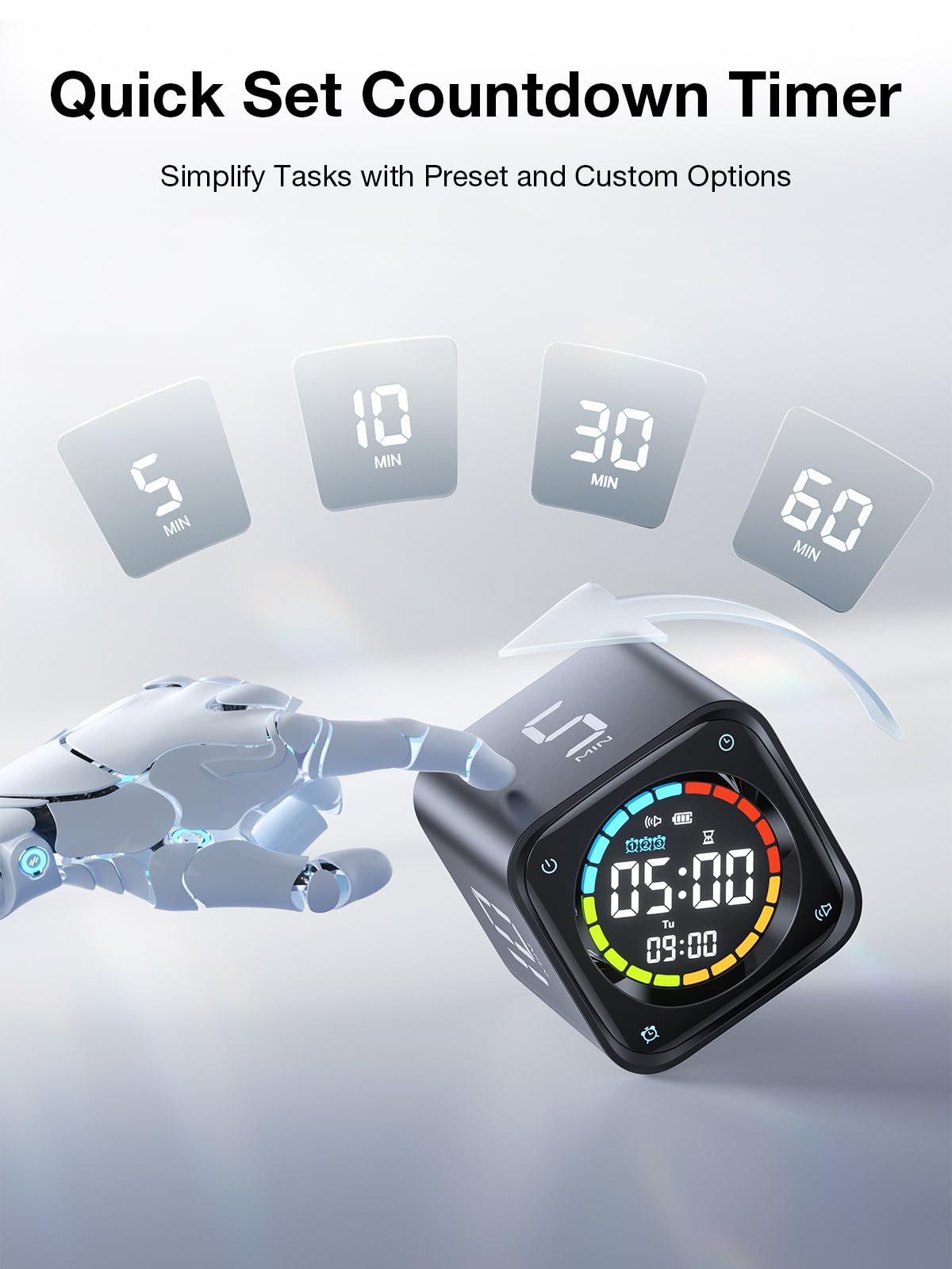 TK3 Pomodoro Timer Cube with Auto 25/5 Cycles, Flip Countdown, Stopwatch & Desk Clock, Rechargeable Focus Timer with Silent, Vibration & Sound Alerts – Black