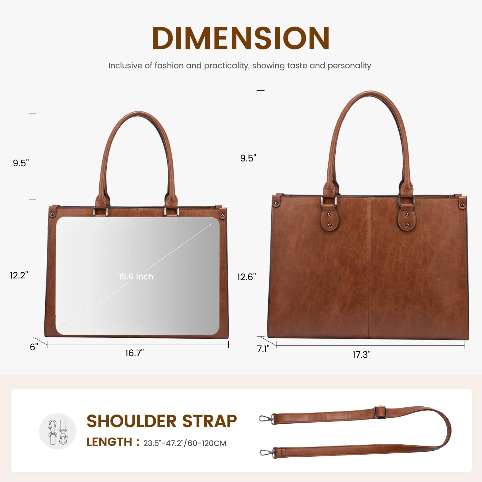 LOVEVOOK Vintage Leather Laptop Tote Bag for Women – 15.6” Large Capacity Work & Business Shoulder Handbag (Dark Brown)