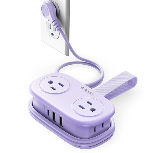 7-in-1 Travel Power Strip with USB-C – Portable Extension Cord with 4 AC Outlets & Flat Plug