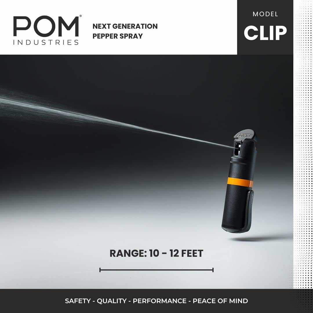 POM Pepper Spray with Pocket Clip – Tactical Flip-Top OC Defense Spray, Compact EDC Design (Black)