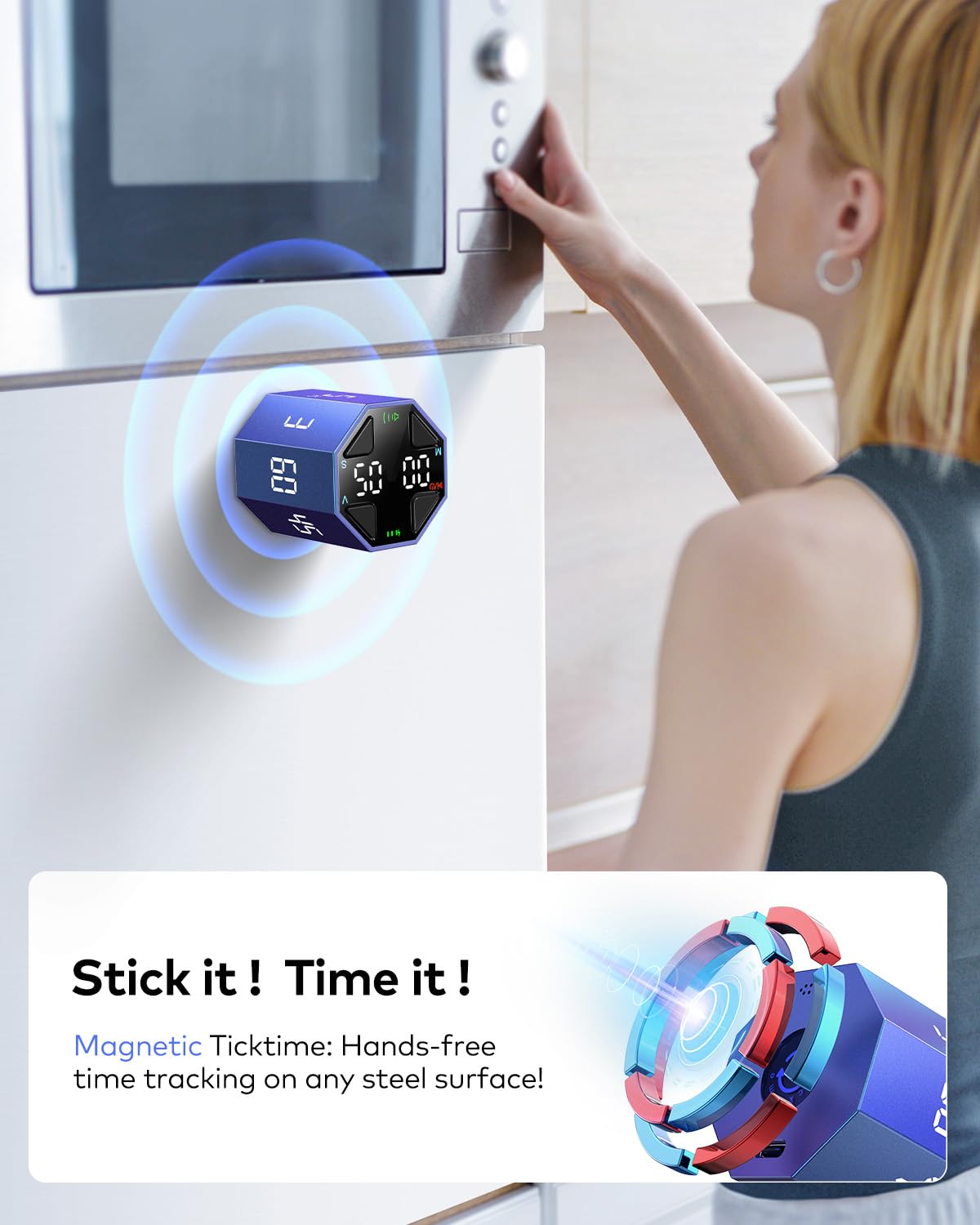 Ticktime Pomodoro Timer Cube with Custom Pomodoro, Flip Pause & Resume, Magnetic Rechargeable Desk Timer with Silent, Vibration & Adjustable Sound Alerts – Blue