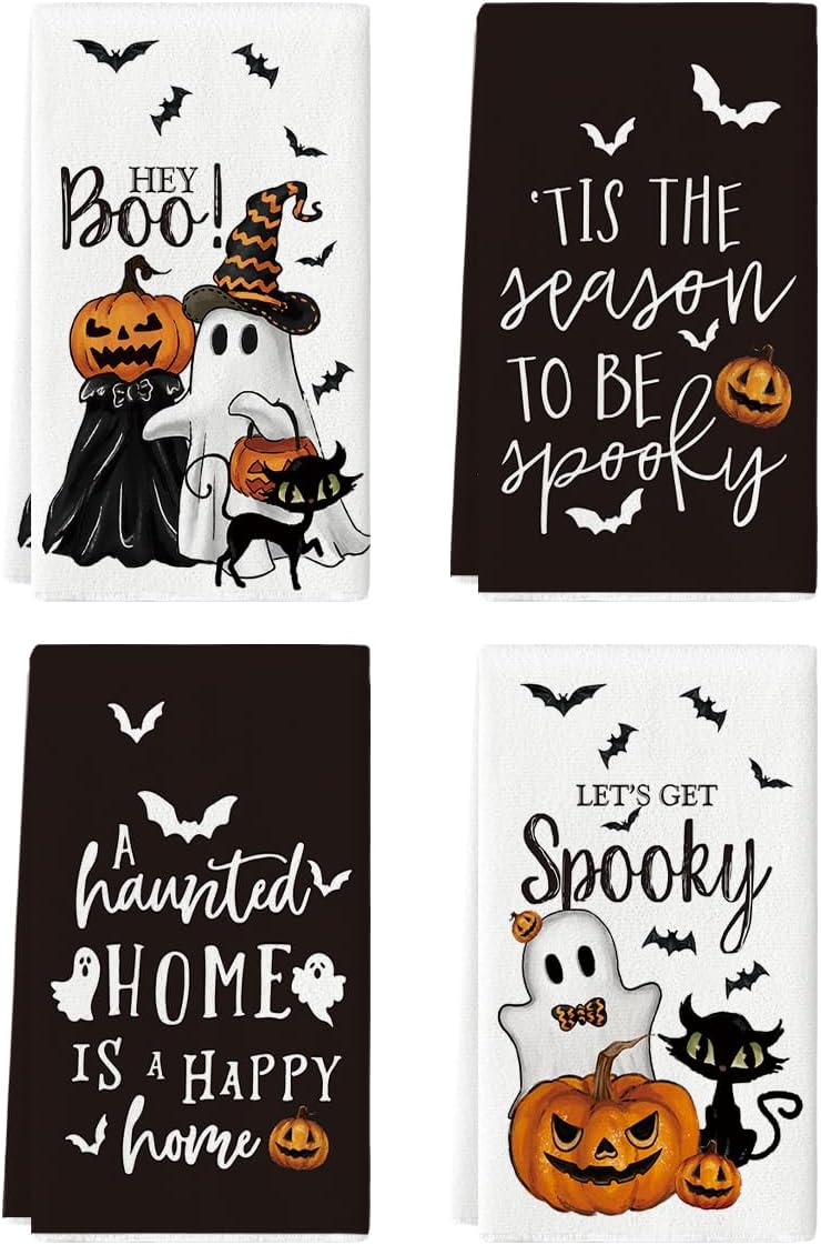 Halloween Kitchen Towels – 4 Pack Soft & Absorbent Dish Towels for Daily Use and Seasonal Kitchen Décor (18x26 Inches, Black)