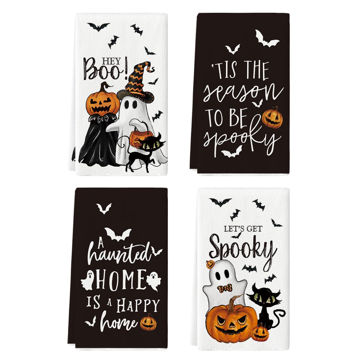 Halloween Kitchen Towels – 4 Pack Soft & Absorbent Dish Towels for Daily Use and Seasonal Kitchen Décor (18x26 Inches, Black)