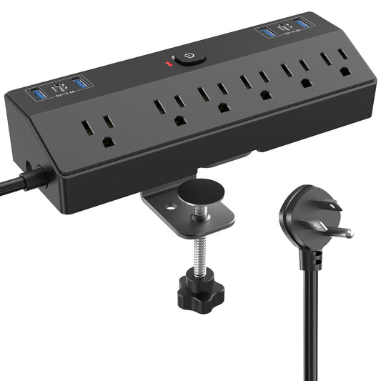 Desk Clamp Power Strip with 40W USB-C Fast Charging & 6 Outlets – Surge Protected Desktop Mount Extension Hub Black