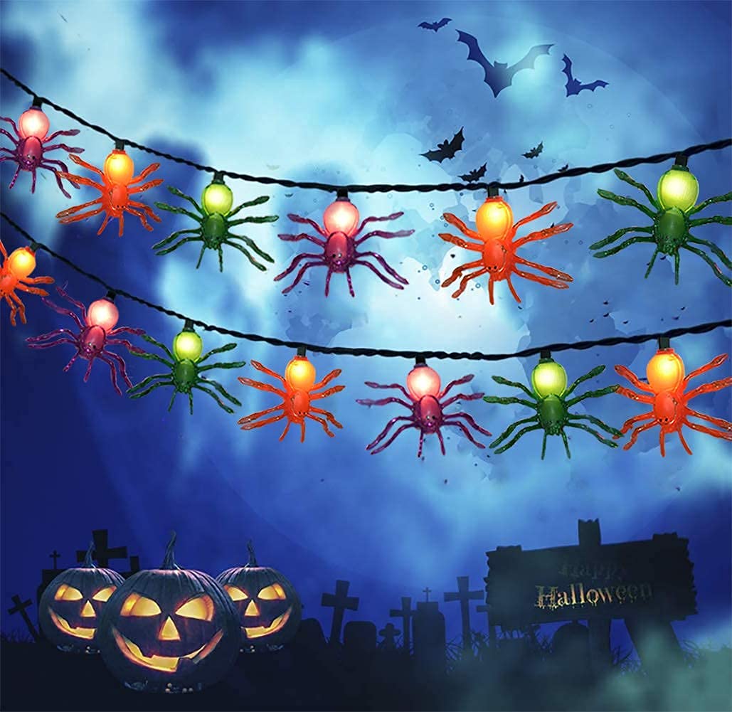 Multicolor Halloween Spider String Lights – 8.5ft Plug-In LED String with 10 Orange, Purple & Green Spiders (Connectable Indoor/Outdoor Décor)