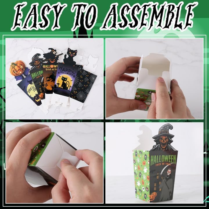 Halloween Popcorn Treat Boxes – 100-Pack Gray Snack Containers (4 Designs: Skeleton, Pumpkin, Cat & Witch)