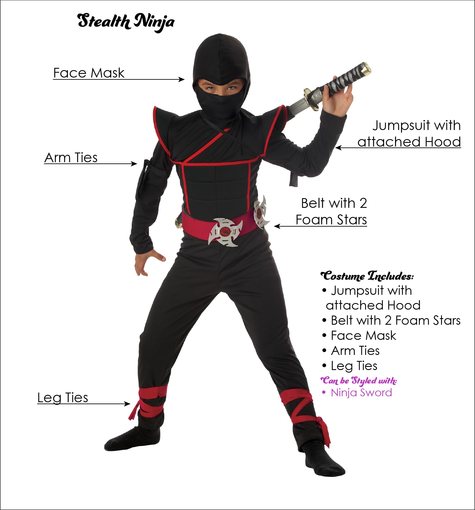 Kids Stealth Ninja Costume – Black Hooded Jumpsuit with Red Trim & Foam Armor Pads (Size Small 6–8)